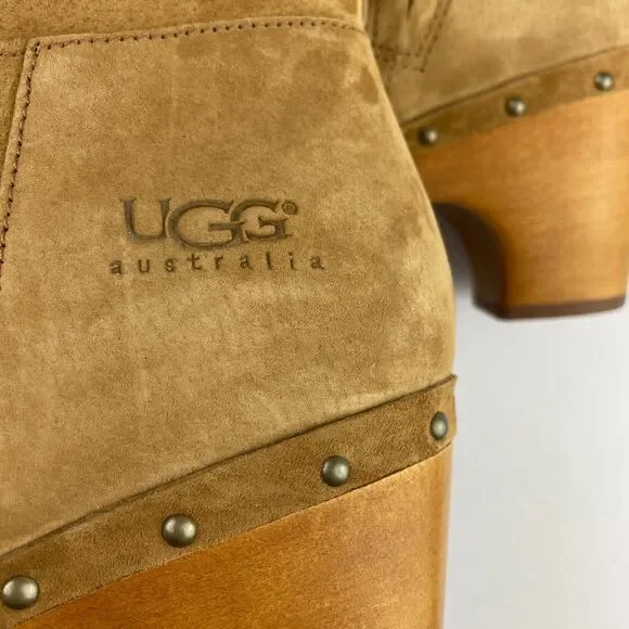 ~ UGG 10 Suede Clog Boots Tan Zip Camel Brown Women Tall Wood Heel Boho HTF Rare - Picture 4 of 14
